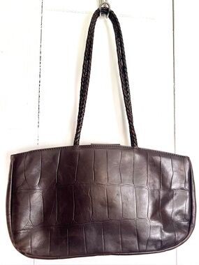Falor Le Borse Croc Embossed Leather Shoulder Bag Brown Woven - Made in Italy